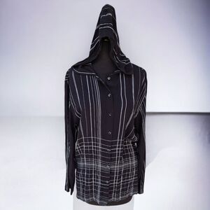 Chico’s Black Striped Crinkle Gauze Hooded  Button Up Top Blouse Size 1 Medium
